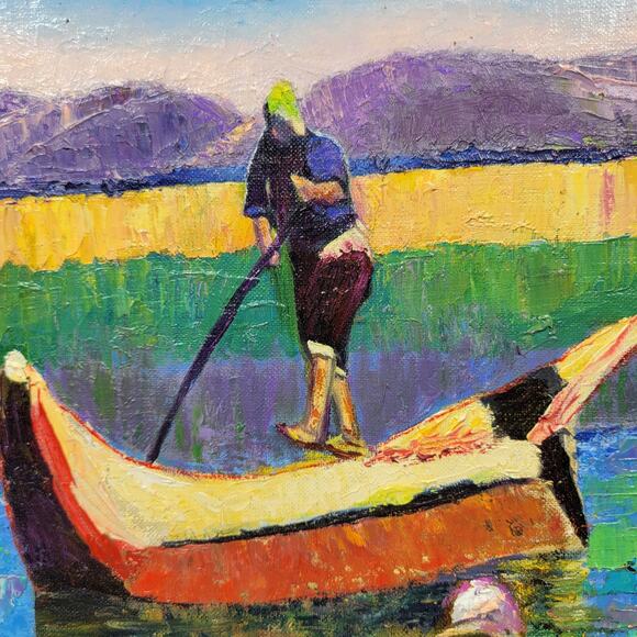 Vintage Boat Fisherman Oil Painting Canvas Framed Art Hanging Decor Signed - Picture 3 of 16